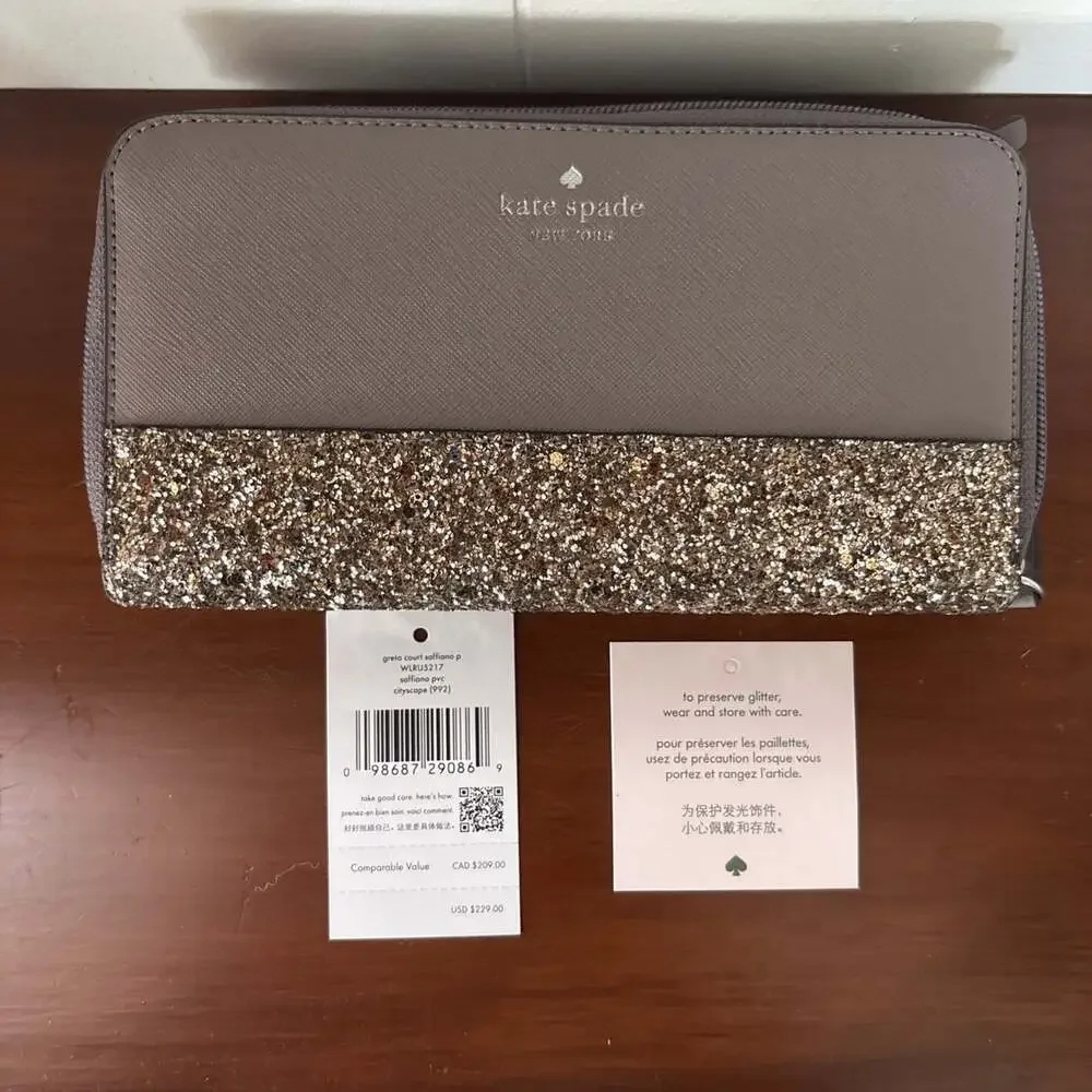 Kate Spade New York Greta Court Saffiano Taupe Cityscape Neda Wallet Glitter